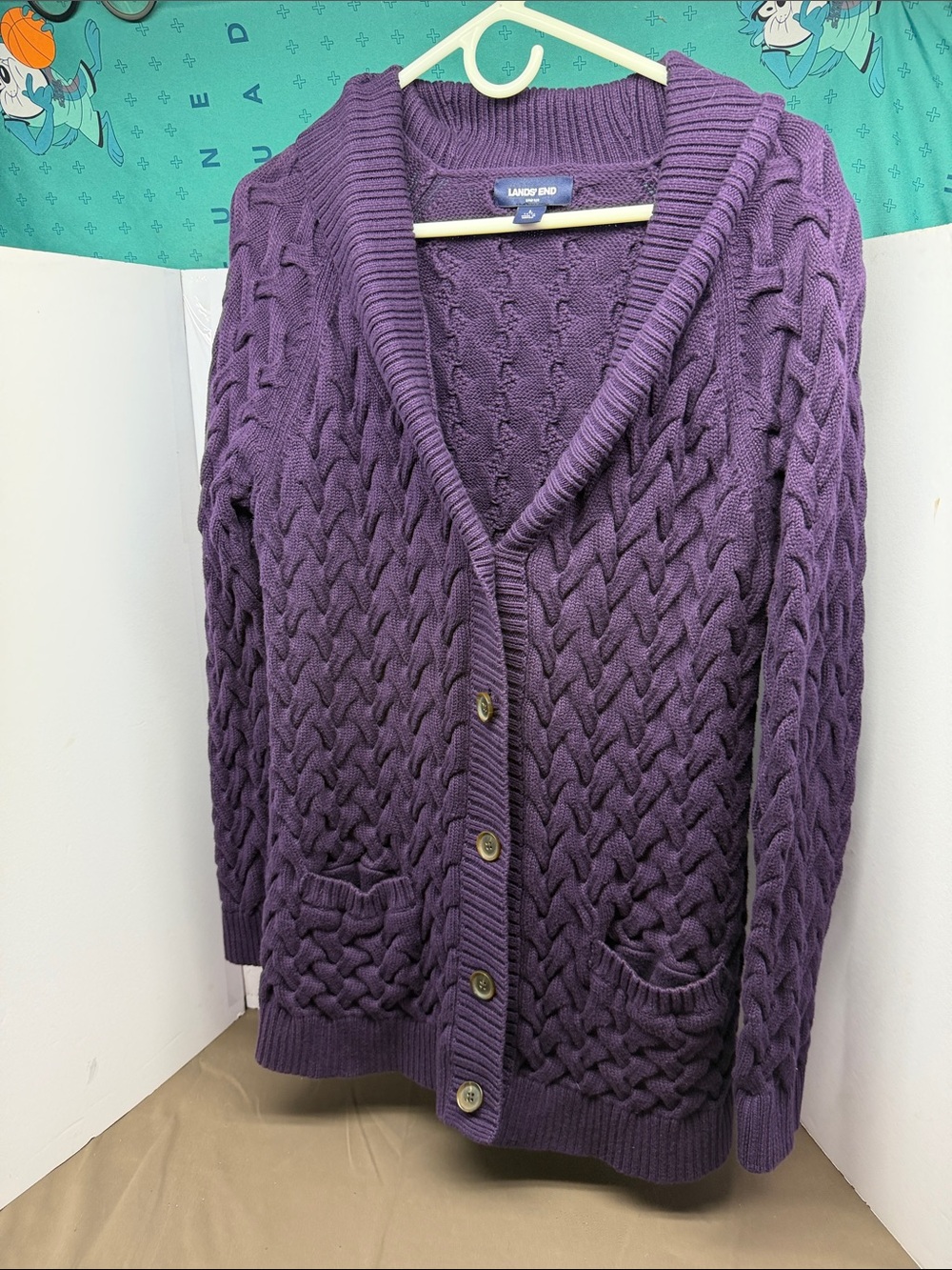 Lands' End Purple Shawl Collar Cable Knit Cardigan